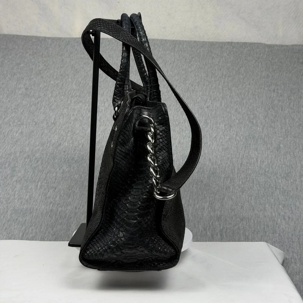 Michael Kors Hamilton Black Snakeskin Embossed Leather Satchel Handbag Silver HW